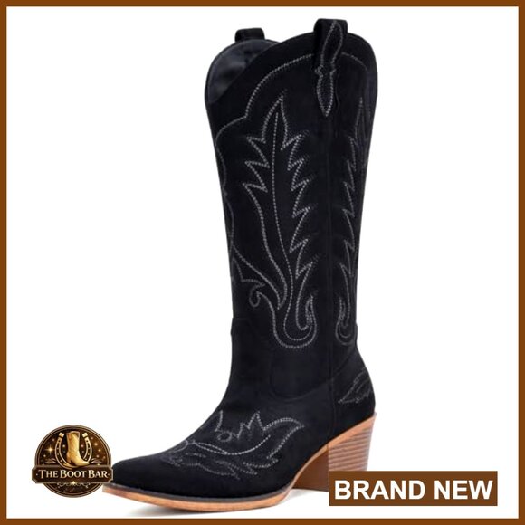 Suede Cowboy Boots Mid Calf Western Boots Embroidered Snip Toe Chunky Heel - Picture 4 of 6